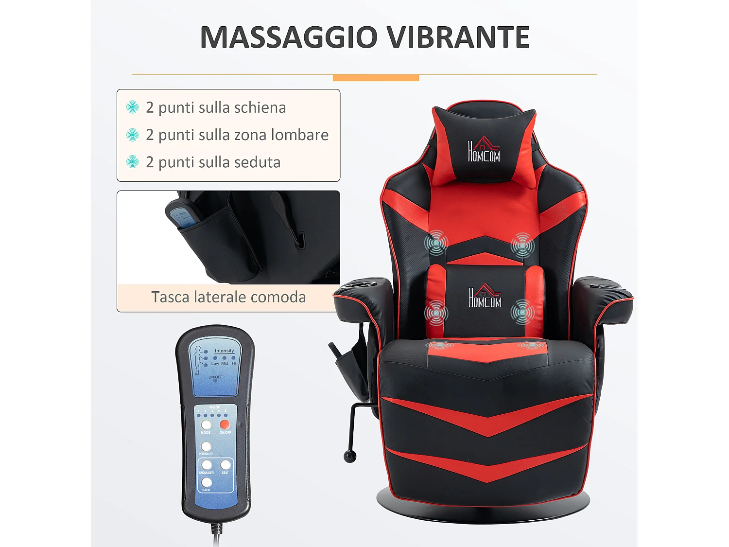 Sedia da gaming massaggiante e reclinabile con poggiapiedi nero rosso