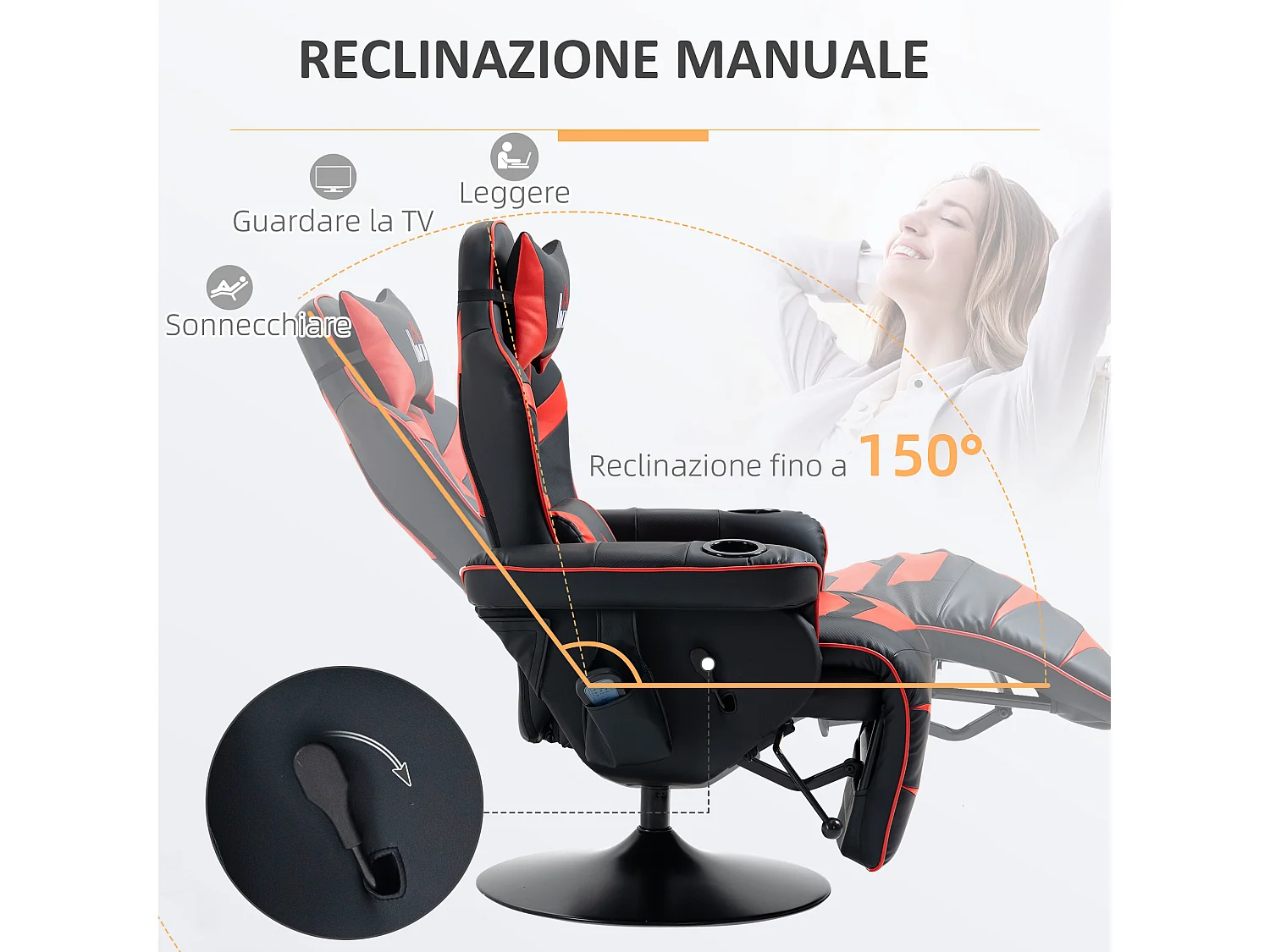 Sedia da gaming massaggiante e reclinabile con poggiapiedi nero rosso