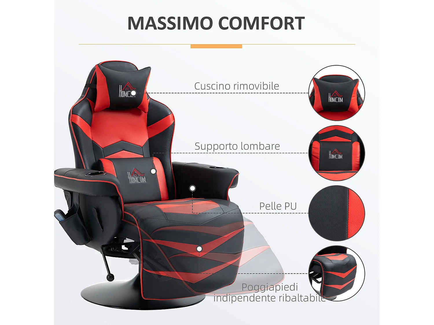 Sedia da gaming massaggiante e reclinabile con poggiapiedi nero rosso
