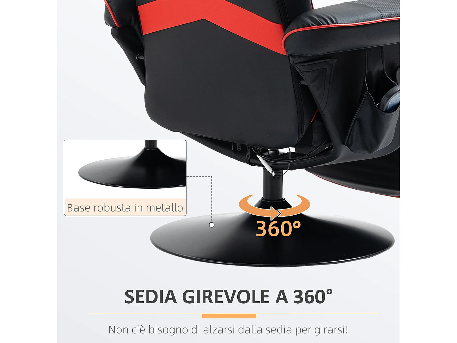 Sedia da gaming massaggiante e reclinabile con poggiapiedi nero rosso