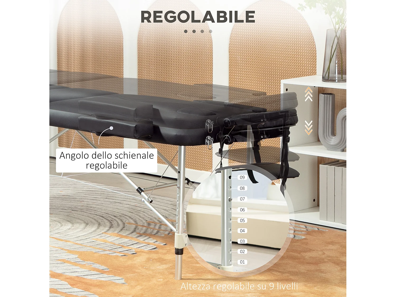 Lettino da massaggio pieghevole ad altezza regolabile nero