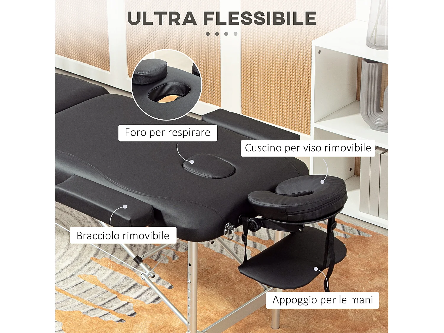 Lettino da massaggio pieghevole ad altezza regolabile nero