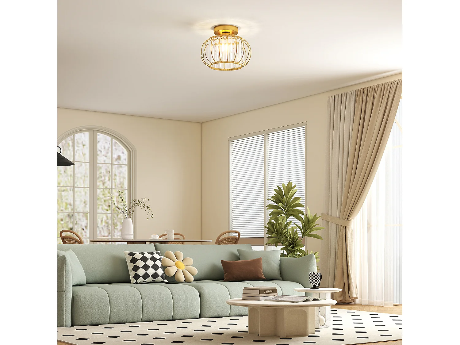 Plafoniera led minimal a gabbia con 18 cristalli in metallo oro