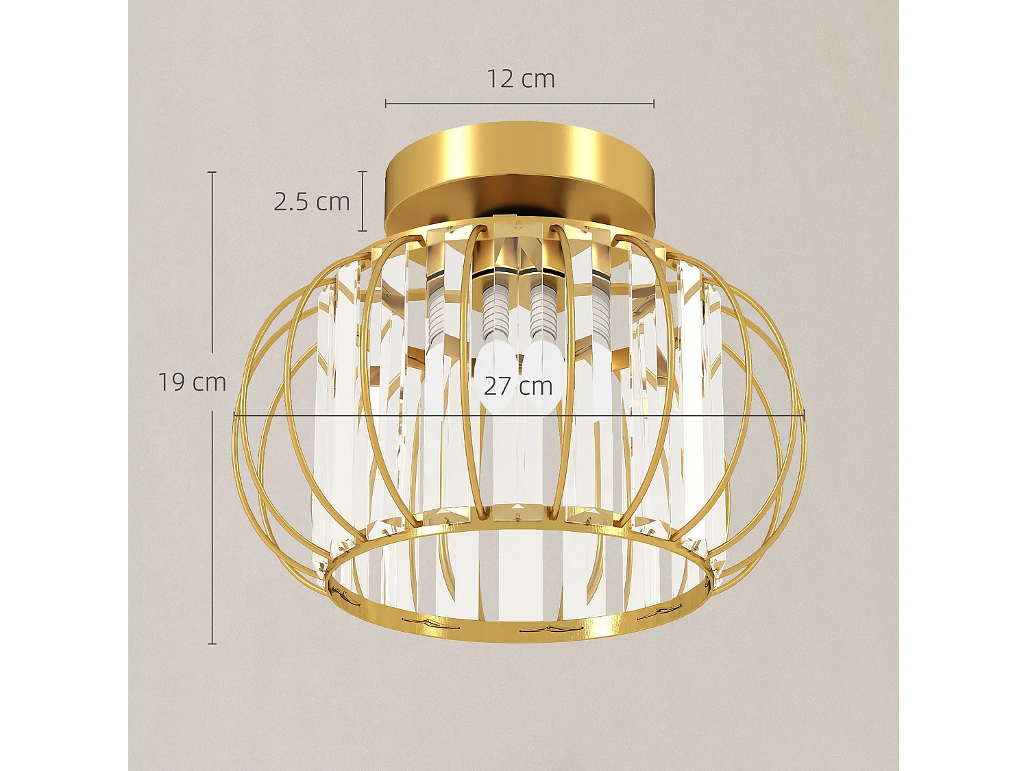 Plafoniera led minimal a gabbia con 18 cristalli in metallo oro