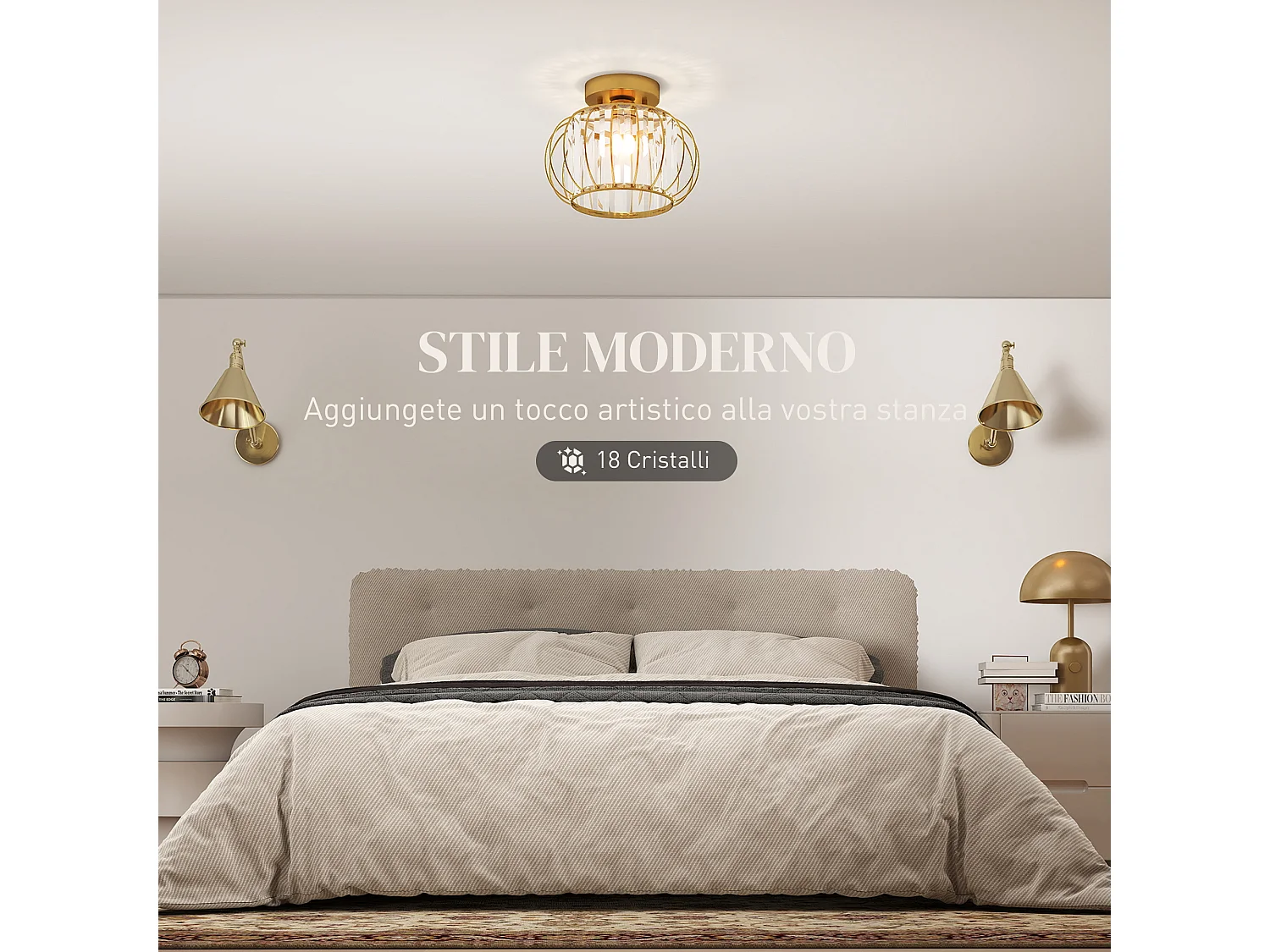 Plafoniera led minimal a gabbia con 18 cristalli in metallo oro