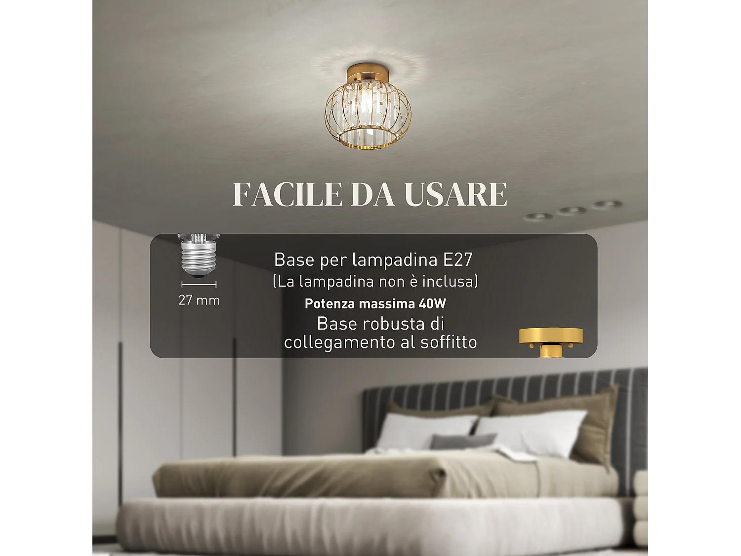 Plafoniera led minimal a gabbia con 18 cristalli in metallo oro