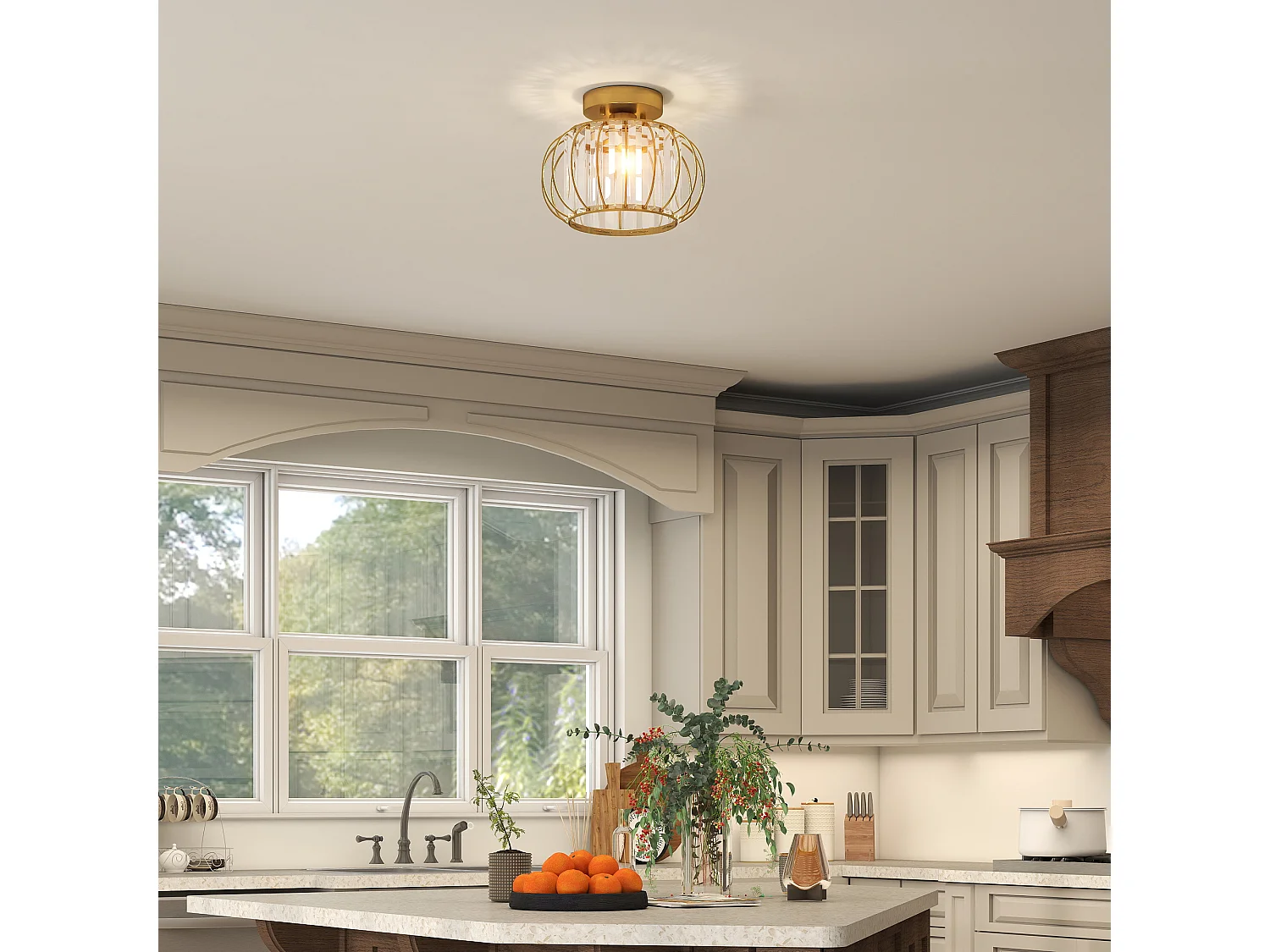 Plafoniera led minimal a gabbia con 18 cristalli in metallo oro