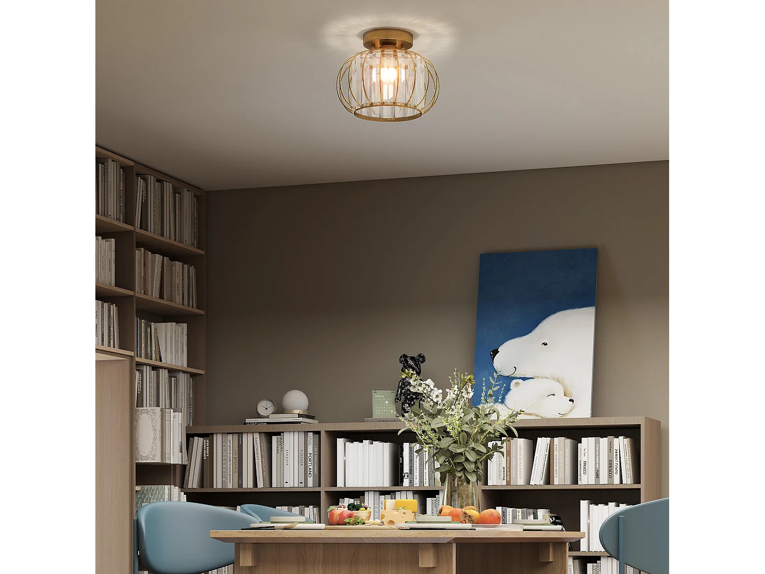 Plafoniera led minimal a gabbia con 18 cristalli in metallo oro