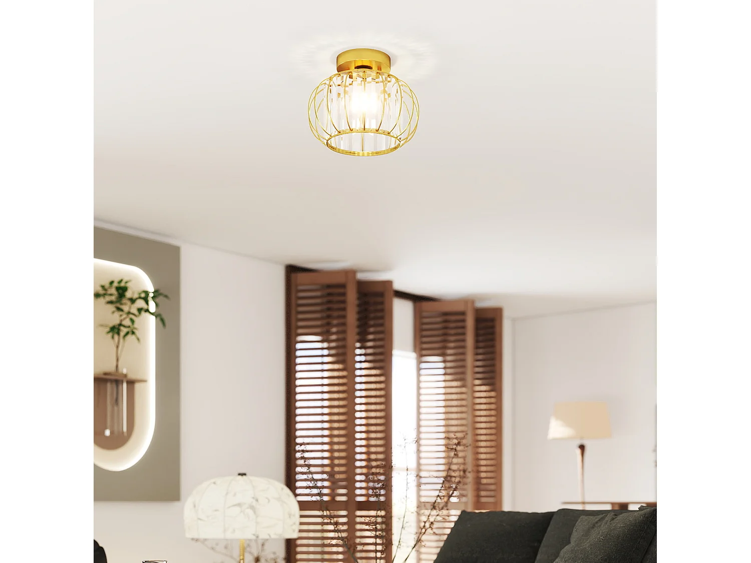 Plafoniera led minimal a gabbia con 18 cristalli in metallo oro