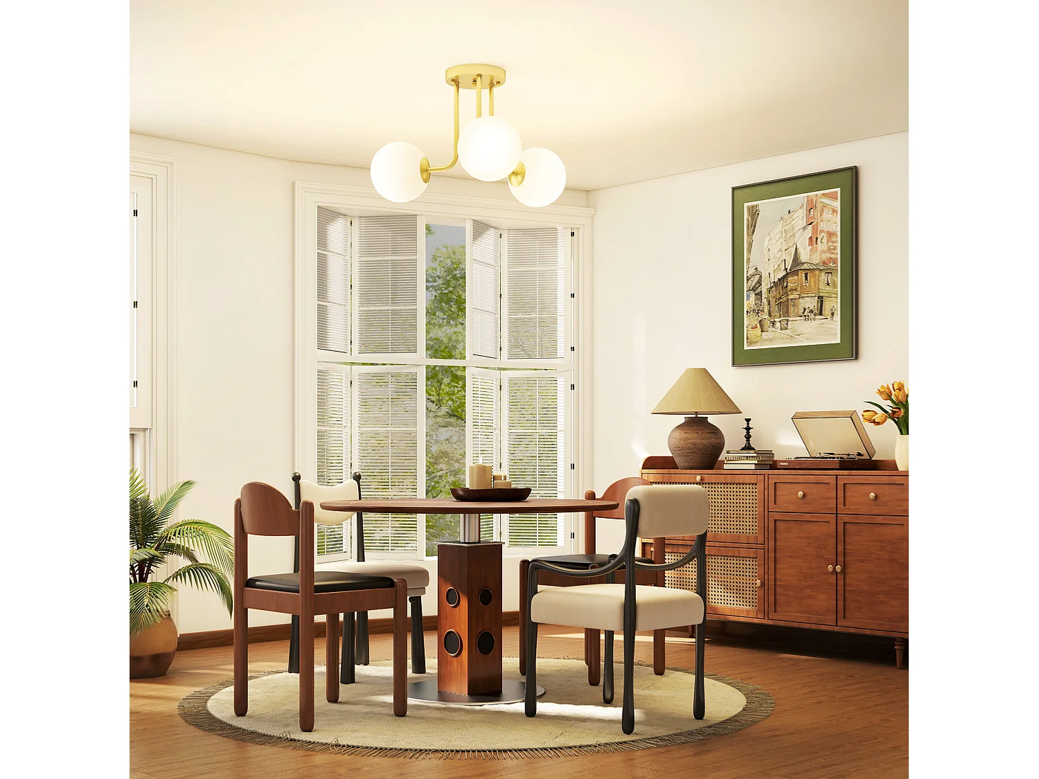 Lampadario da soffitto vintage con 3 punti luce e bracci dorati