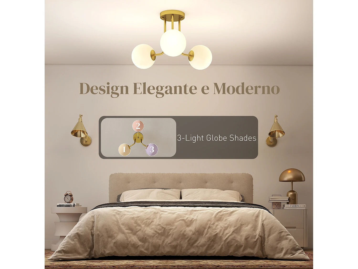 Lampadario da soffitto vintage con 3 punti luce e bracci dorati
