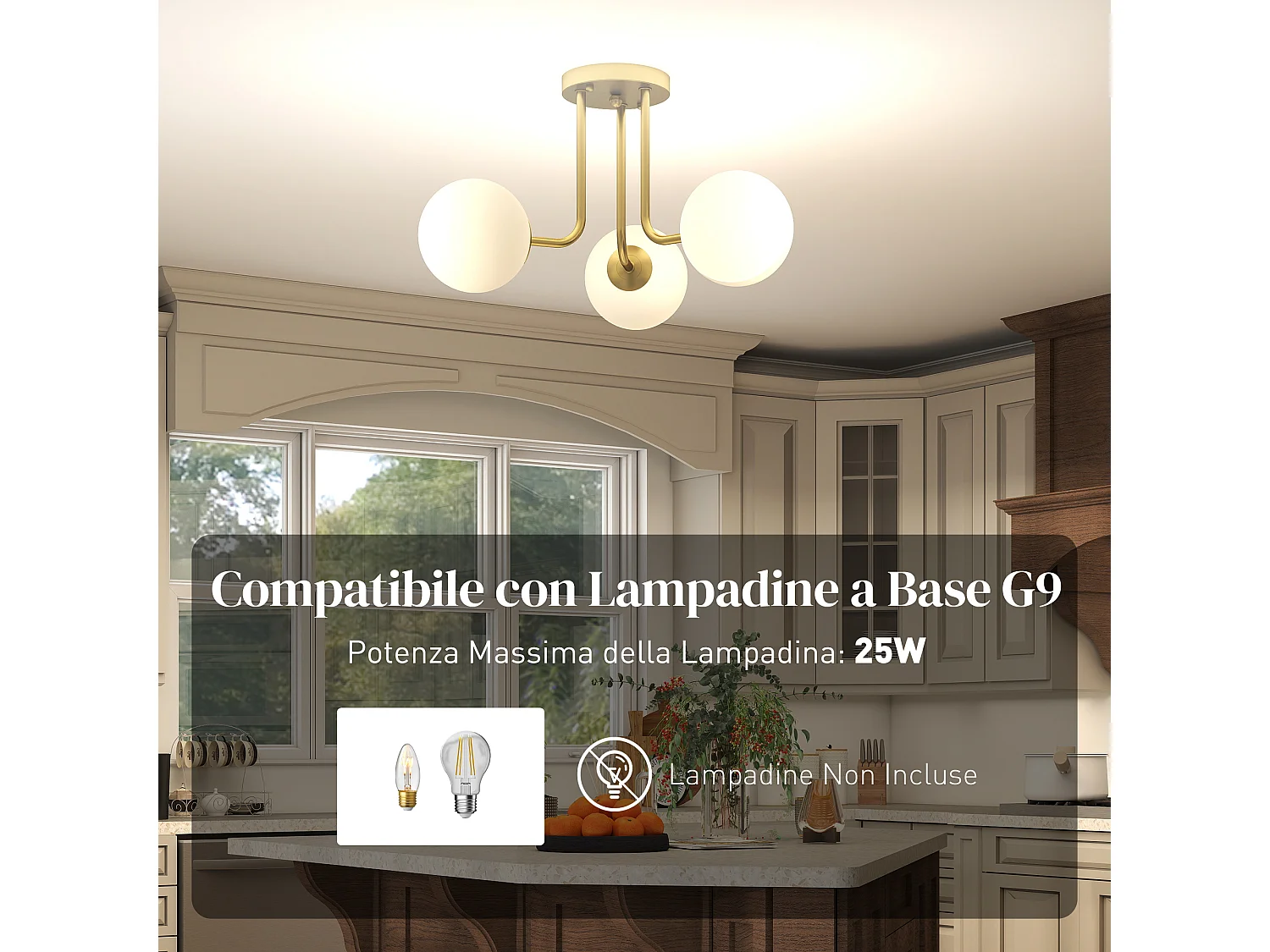 Lampadario da soffitto vintage con 3 punti luce e bracci dorati