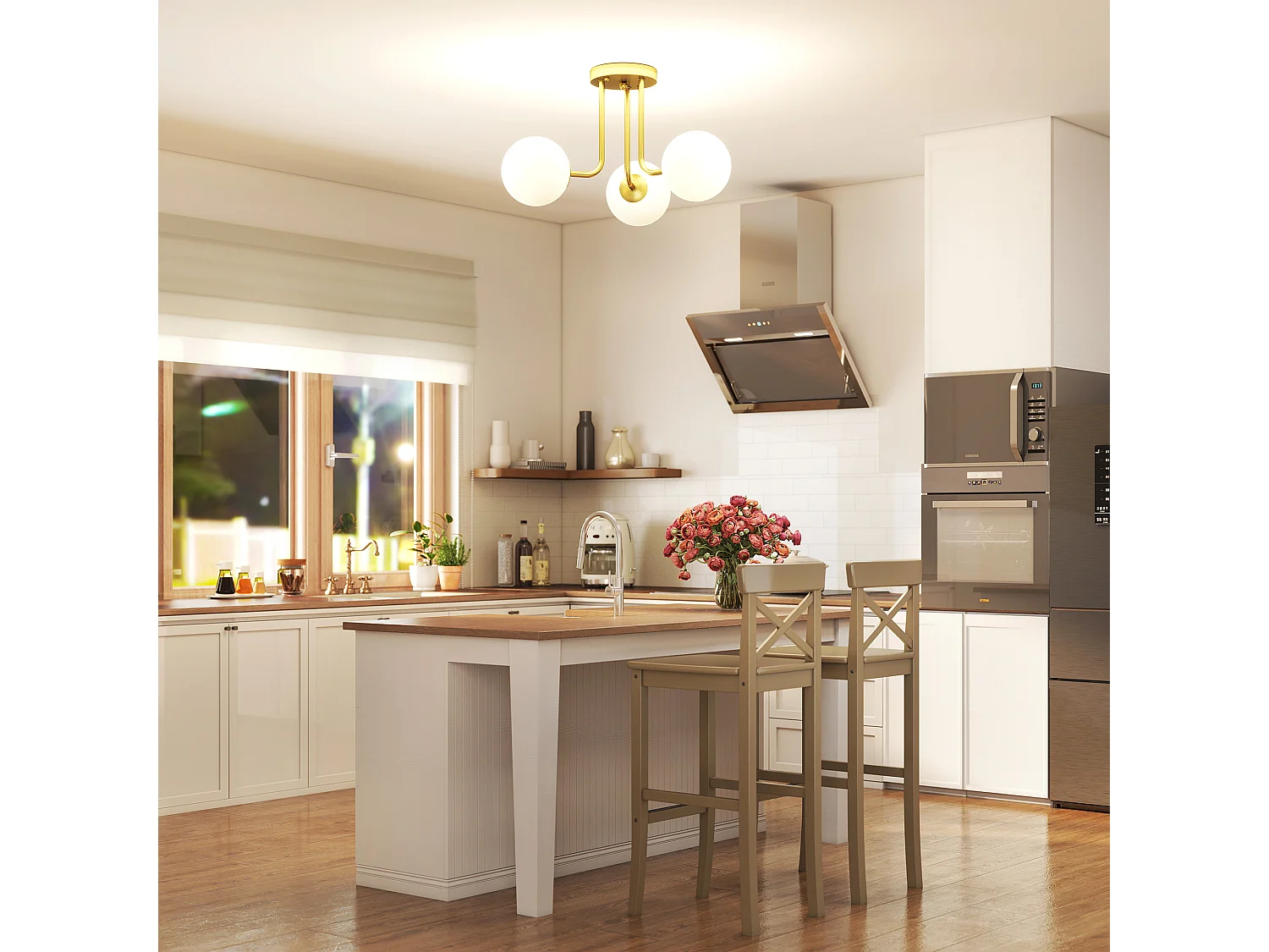 Lampadario da soffitto vintage con 3 punti luce e bracci dorati