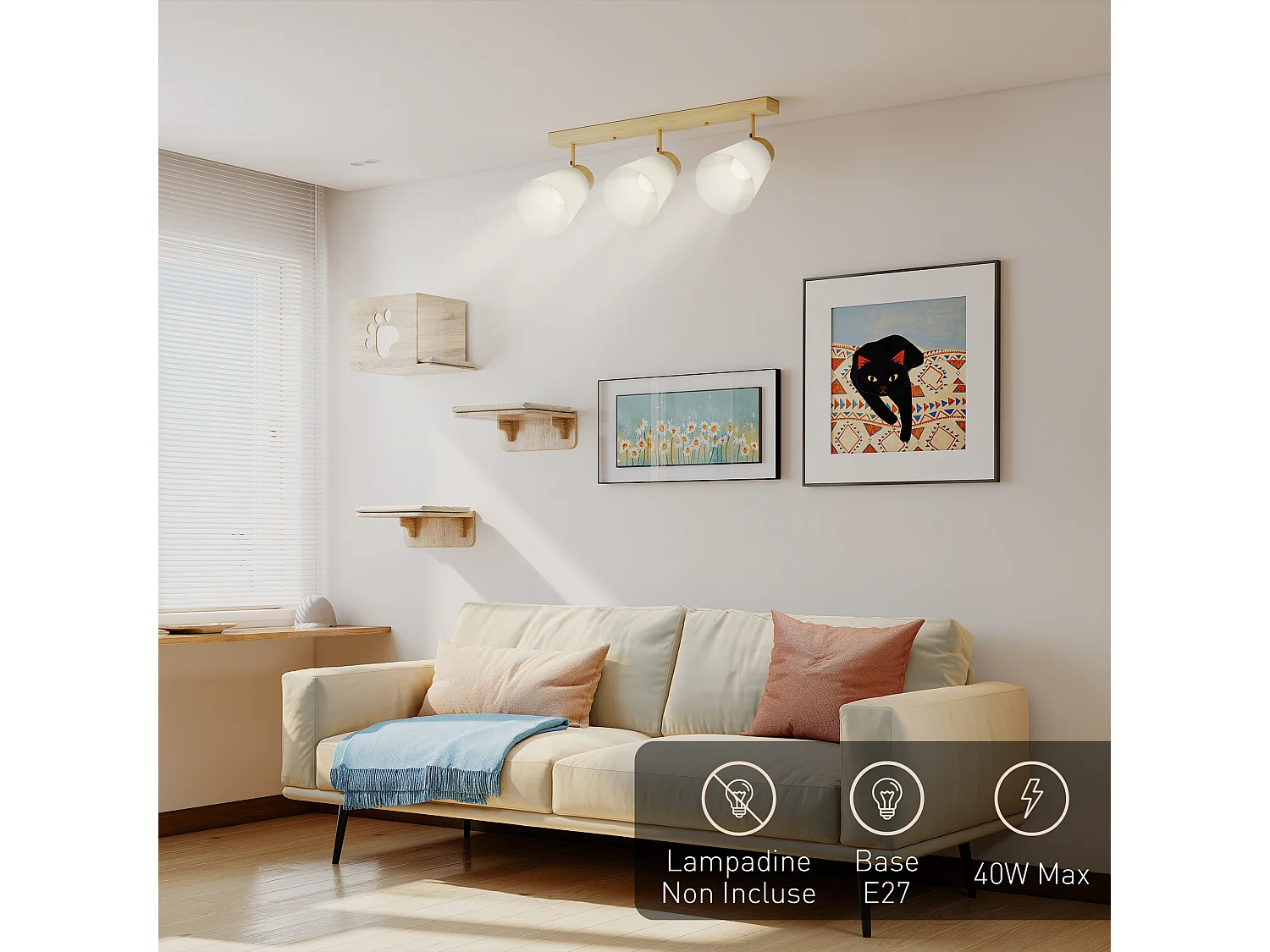 Lampadario da soffitto con 3 luci regolabili a 90° attacco e27