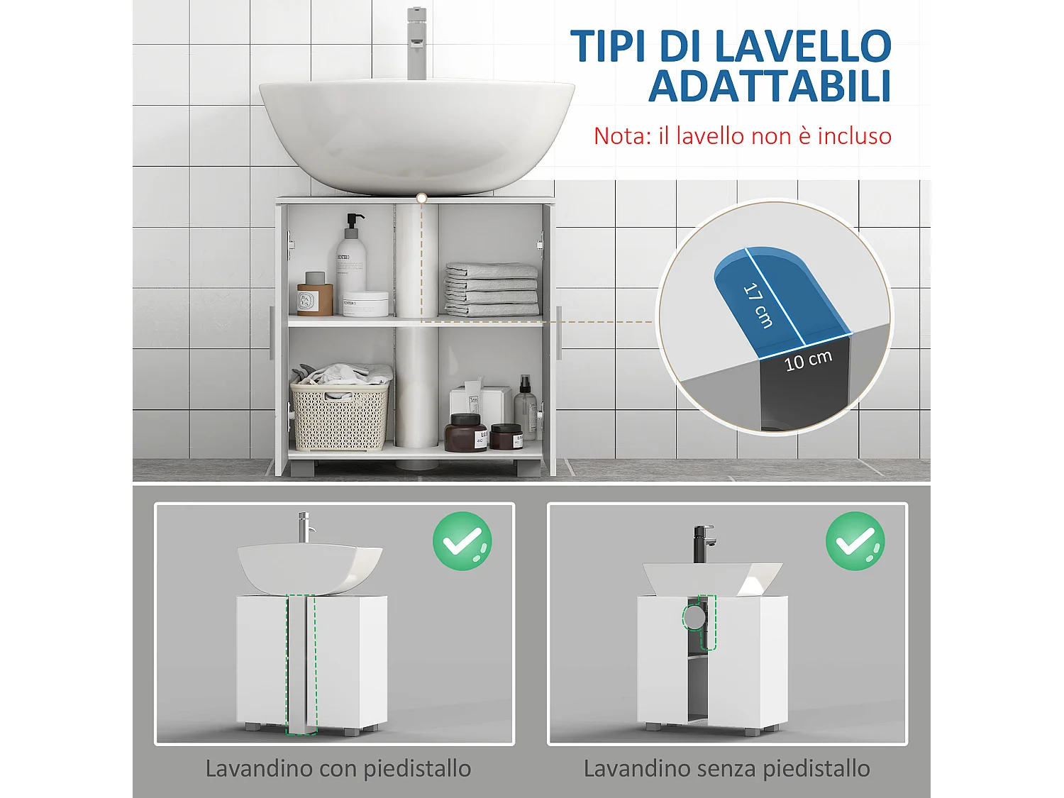 Mobile sotto lavabo bagno a u con 2 ante e ripiano regolabile