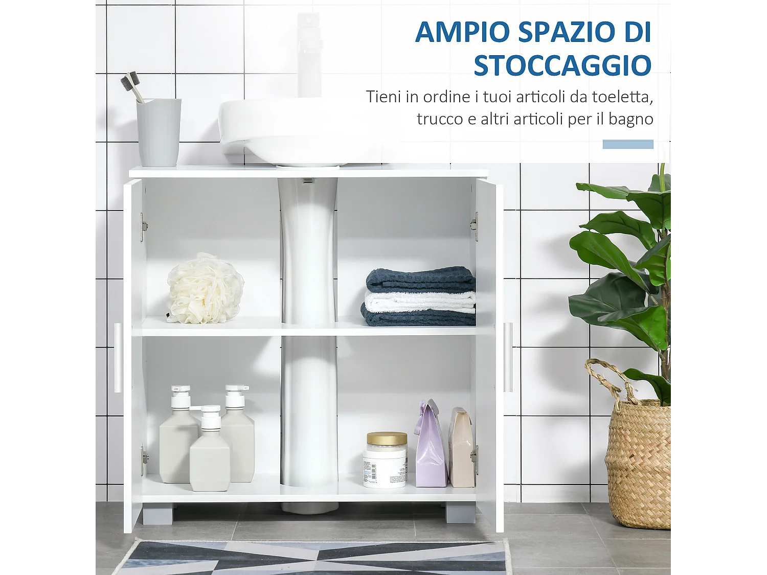 Mobile sotto lavabo bagno a u con 2 ante e ripiano regolabile