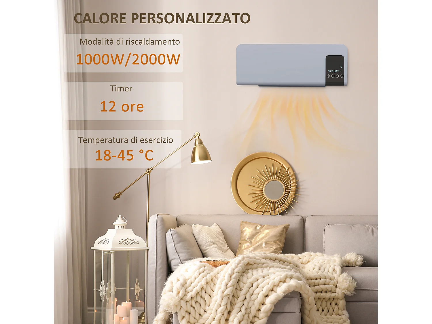 Termoventilatore da parete con timer 12h e 2 modalità grigio