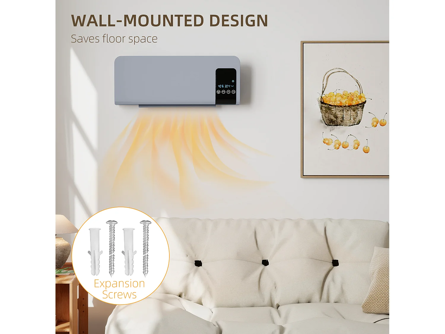 Termoventilatore da parete con timer 12h e 2 modalità grigio