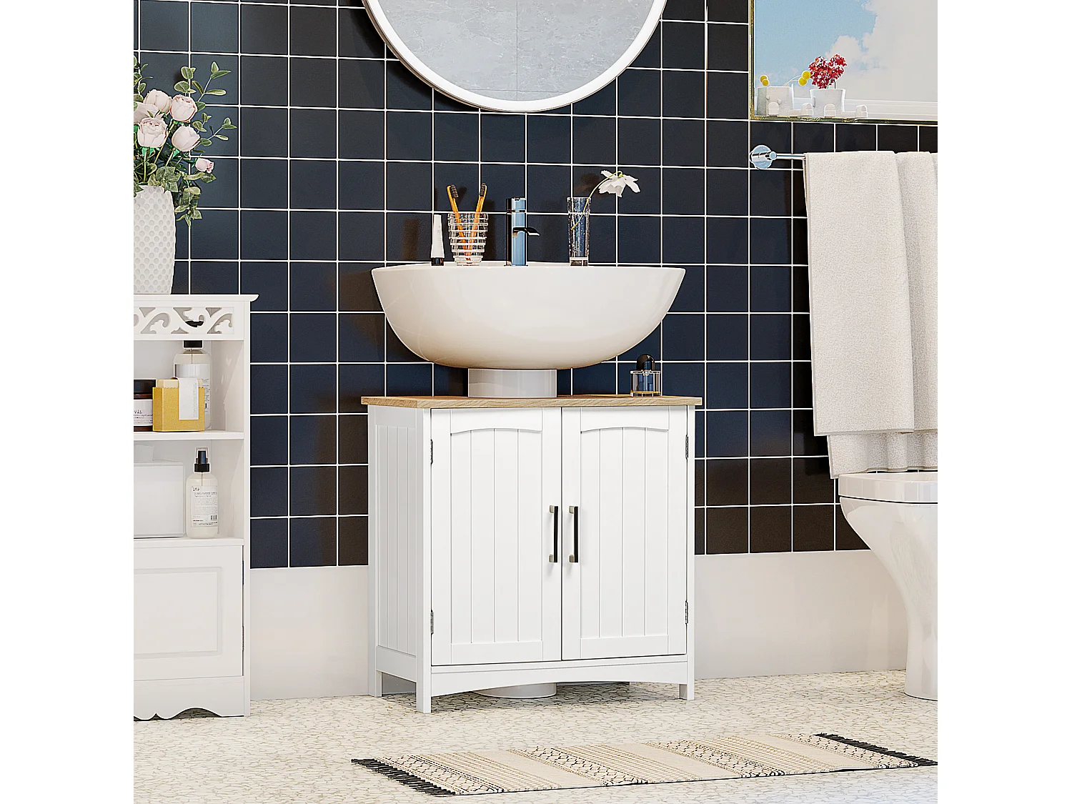 Mobile sottolavabo bagno a 2 ante con ripiano legno e bianco