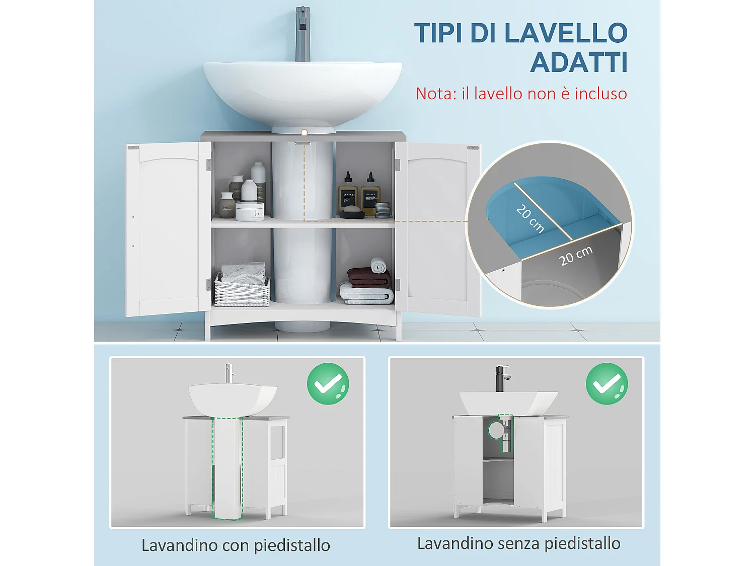 Mobile sottolavabo bagno a 2 ante con ripiano legno e bianco
