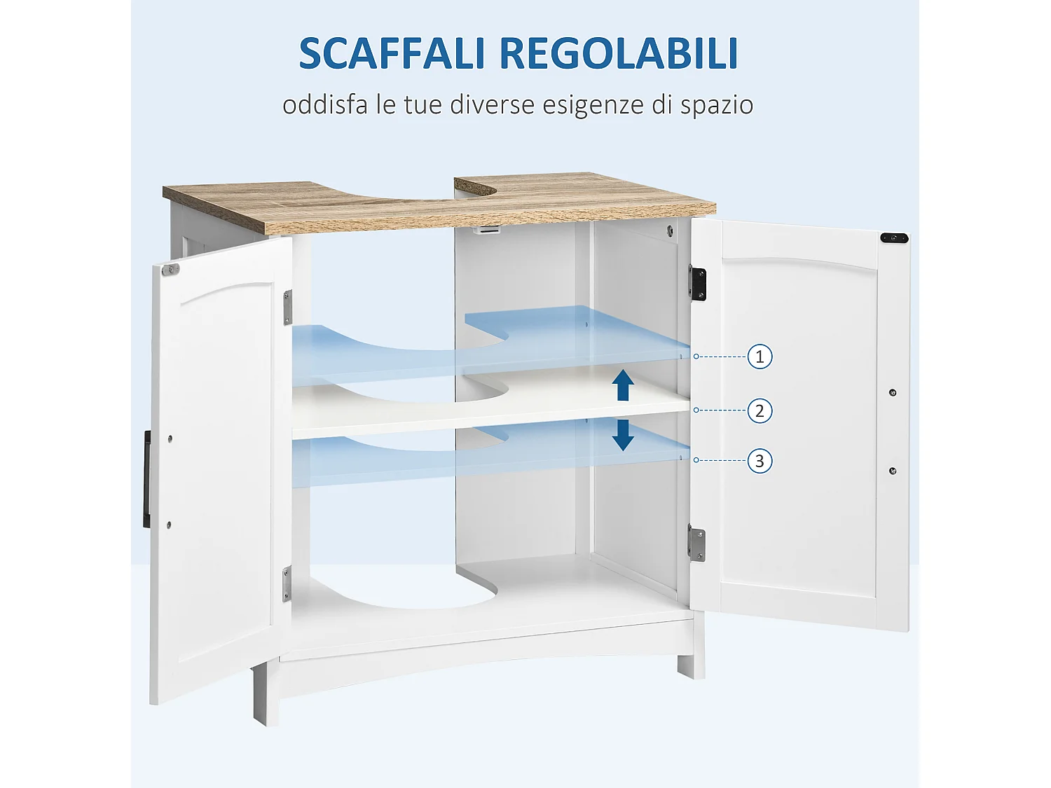 Mobile sottolavabo bagno a 2 ante con ripiano legno e bianco