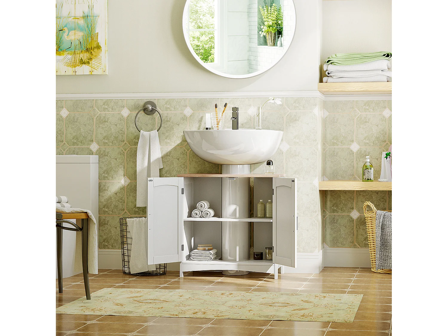 Mobile sottolavabo bagno a 2 ante con ripiano legno e bianco