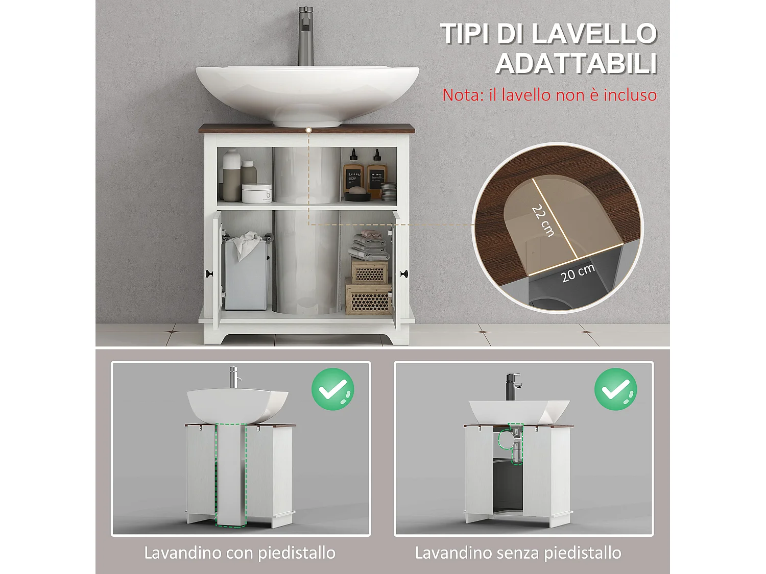 Mobile bagno sotto lavabo con armadietto a 2 ante e ripiano bianco