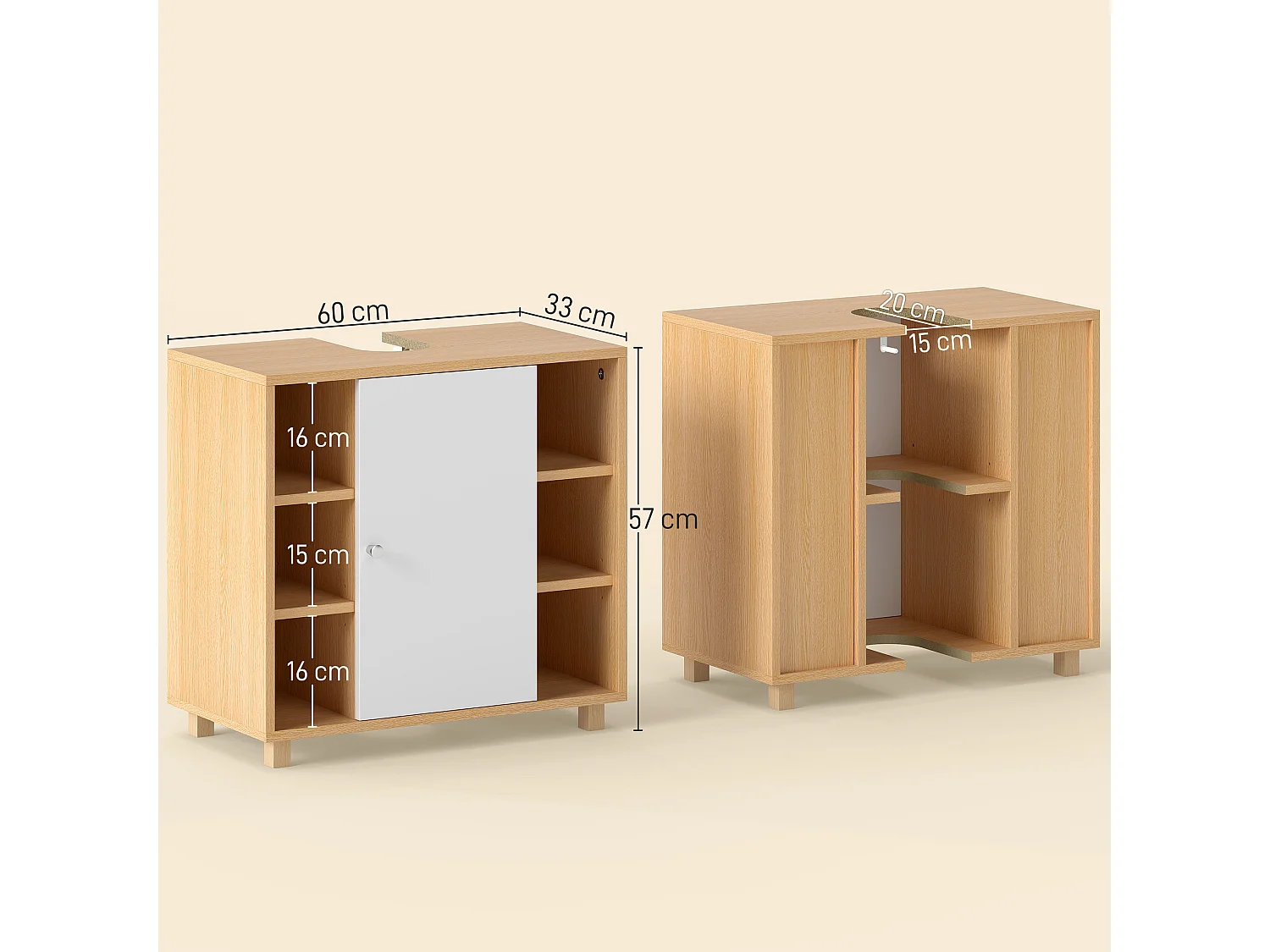 Mobile sottolavabo bagno con armadietto 2 ante e 6 ripiani bianco