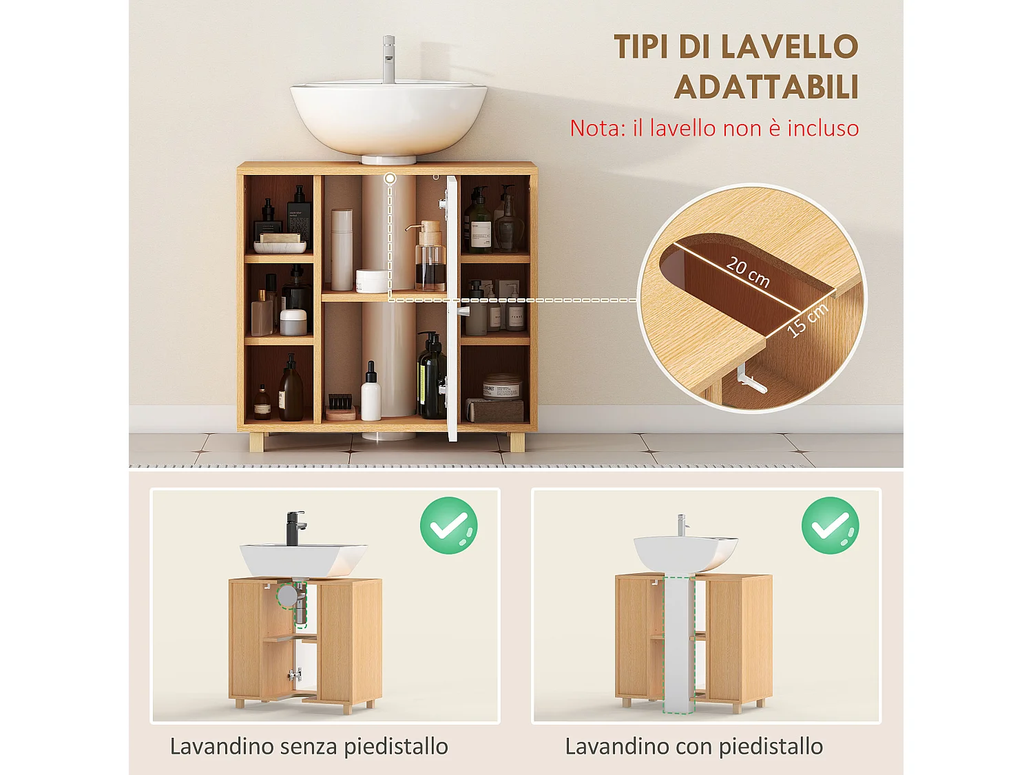 Mobile sottolavabo bagno con armadietto 2 ante e 6 ripiani bianco