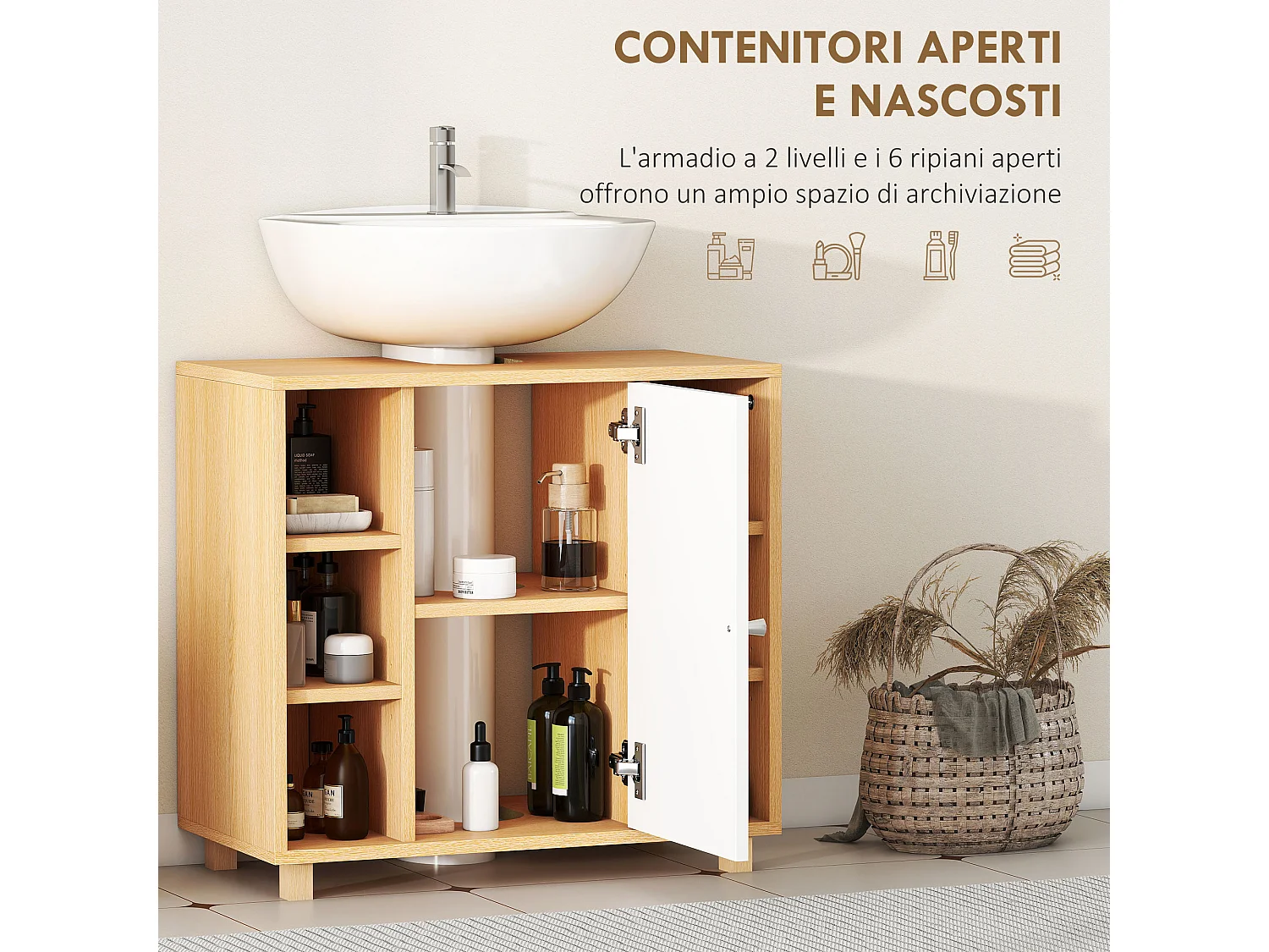 Mobile sottolavabo bagno con armadietto 2 ante e 6 ripiani bianco