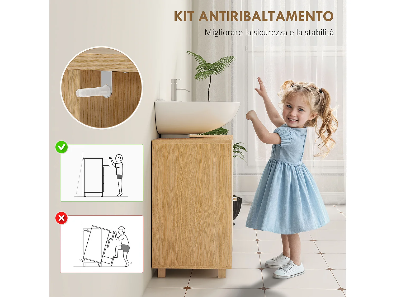 Mobile sottolavabo bagno con armadietto 2 ante e 6 ripiani bianco