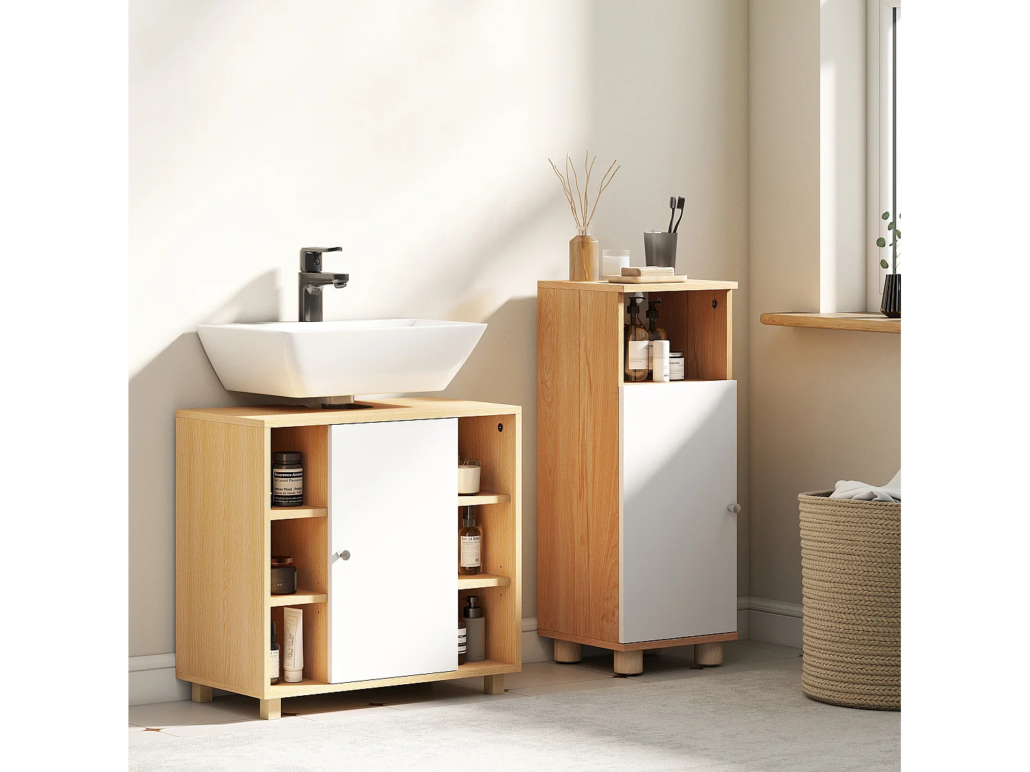 Mobile sottolavabo bagno con armadietto 2 ante e 6 ripiani bianco