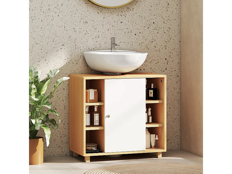 Mobile sottolavabo bagno con armadietto 2 ante e 6 ripiani bianco