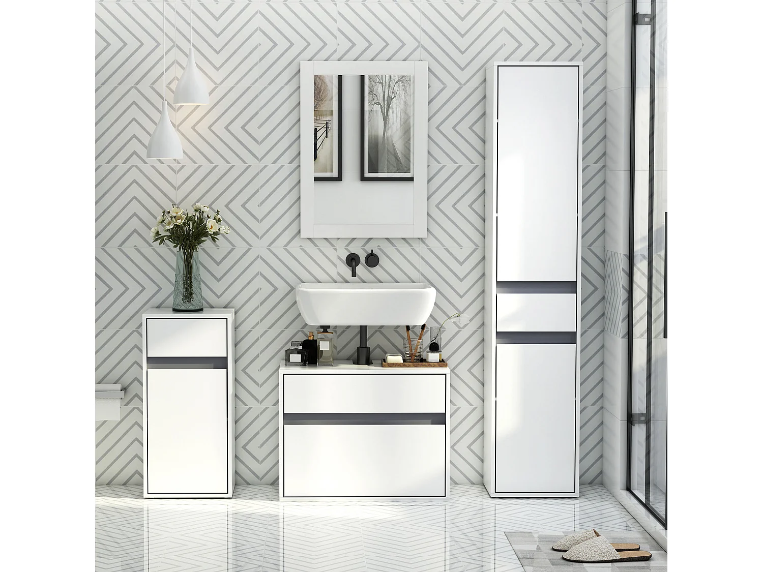 Mobiletto sottolavabo e copricolonna in legno bianco