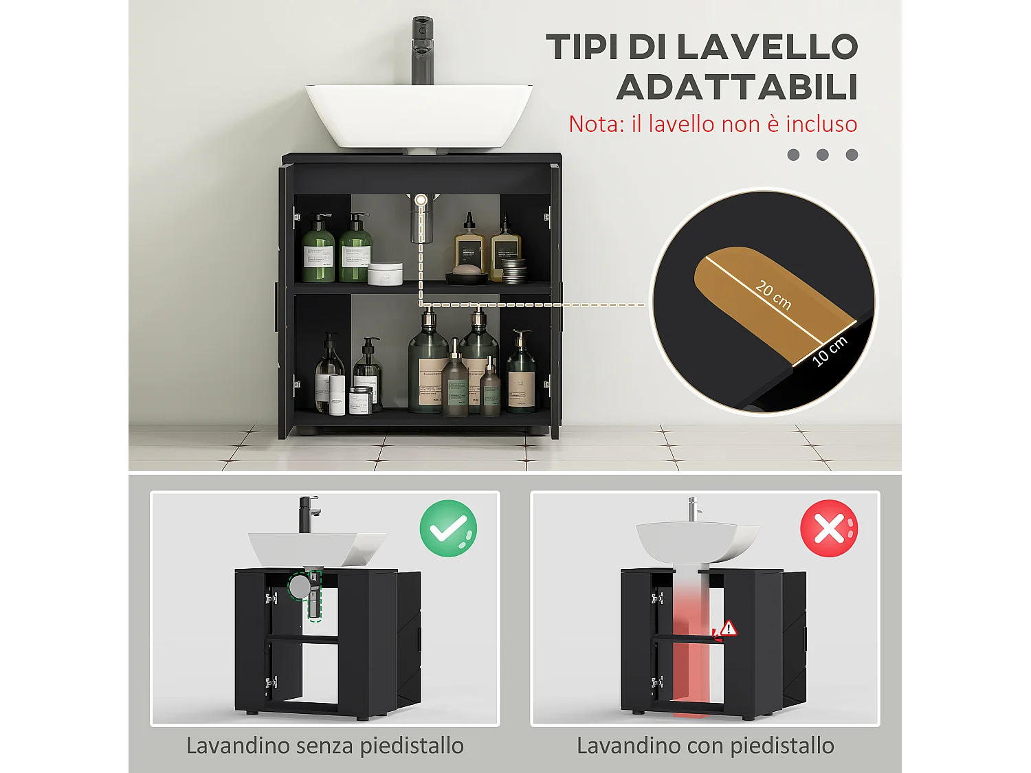 Mobile bagno sottolavabo a 2 ante in legno 60x30x60cm nero