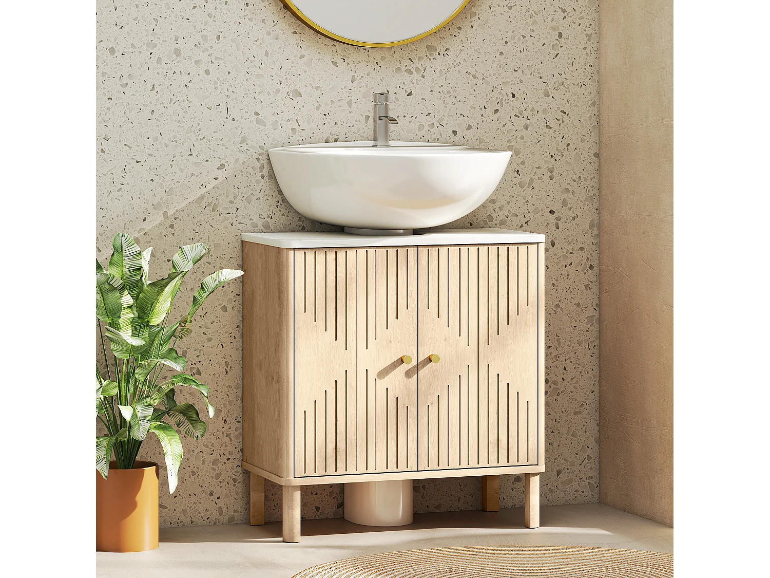 Mobile sottolavabo con 2 ante moderne e piano effetto marmo e rovere