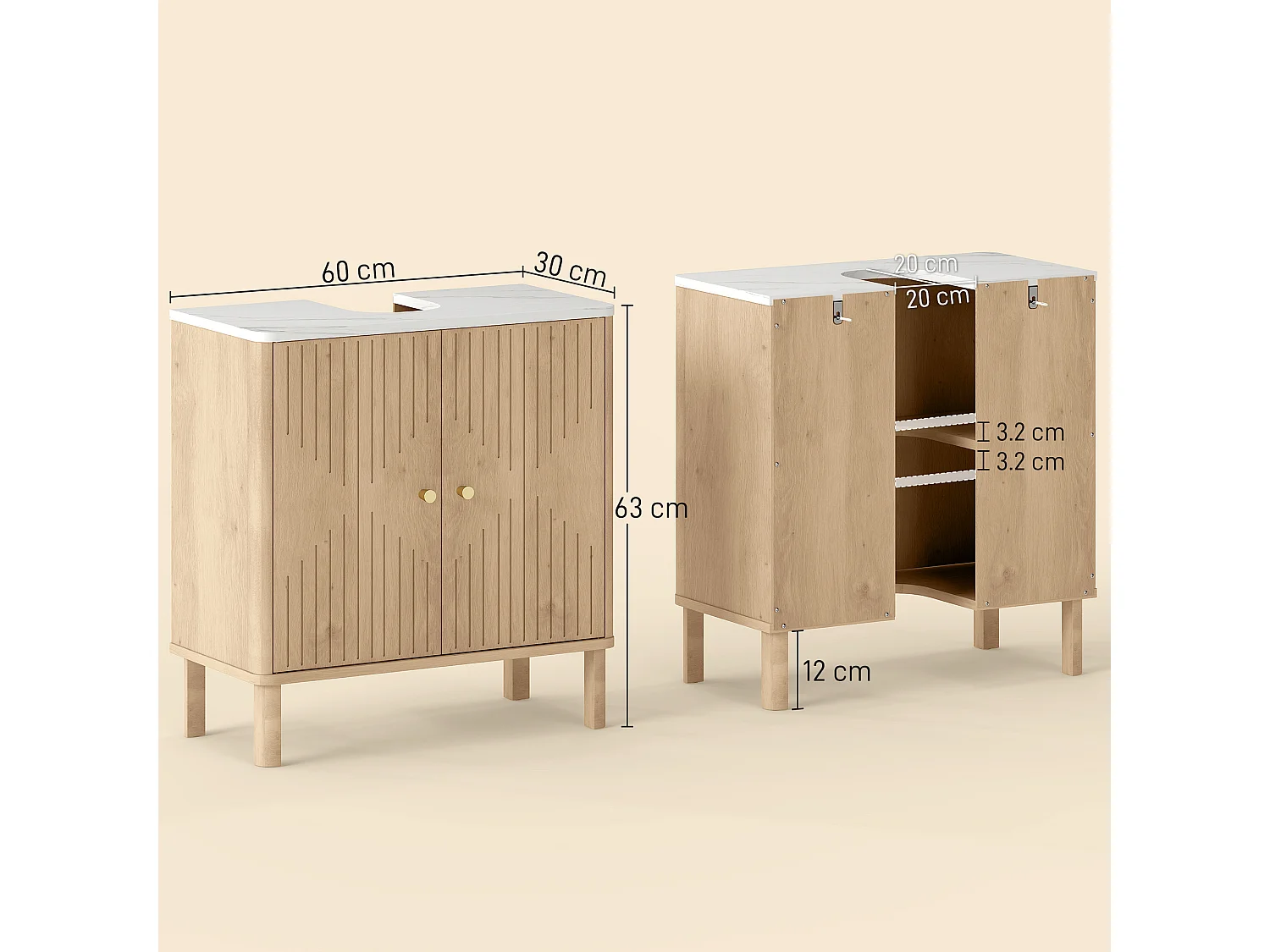 Mobile sottolavabo con 2 ante moderne e piano effetto marmo e rovere