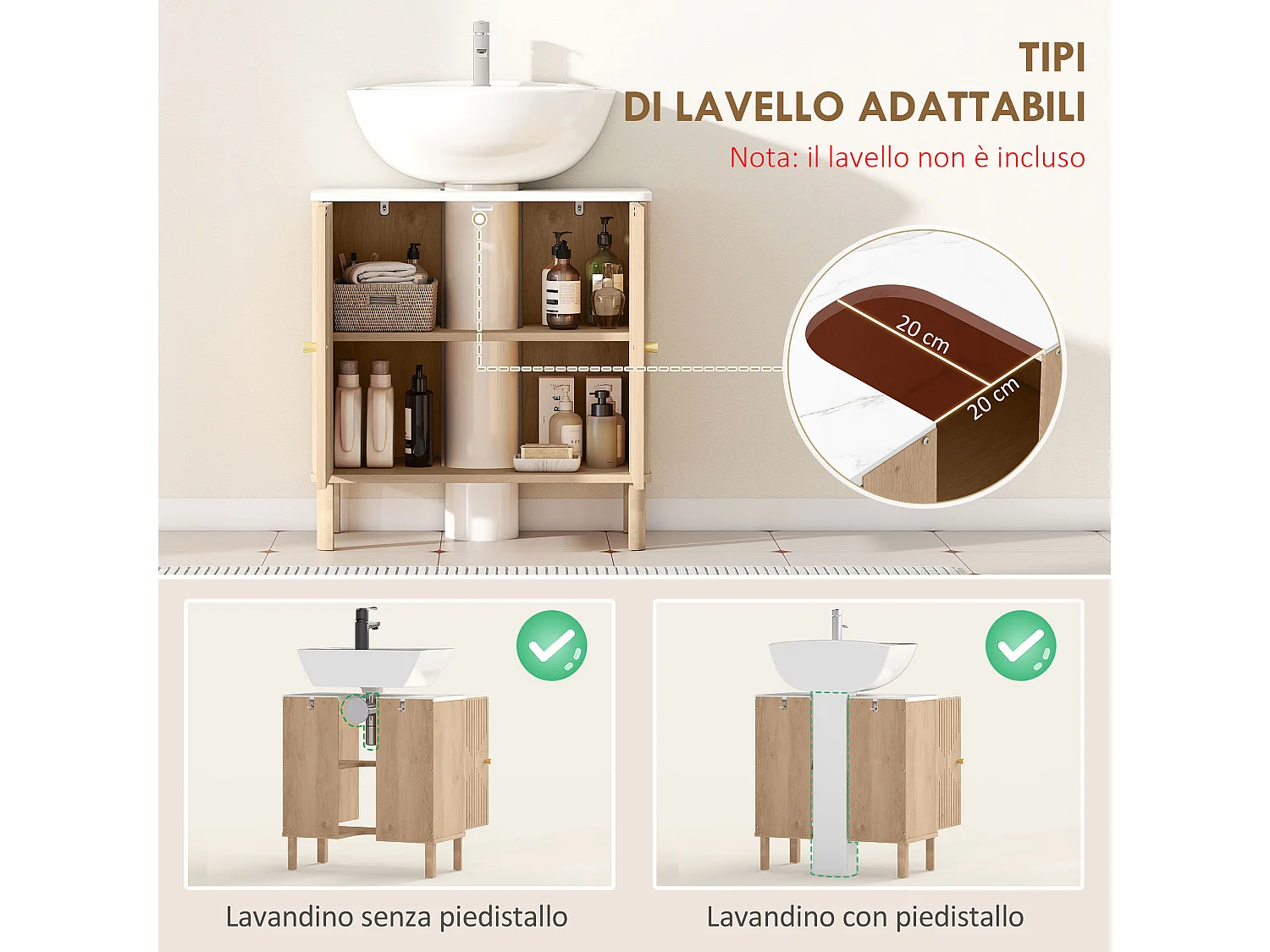 Mobile sottolavabo con 2 ante moderne e piano effetto marmo e rovere