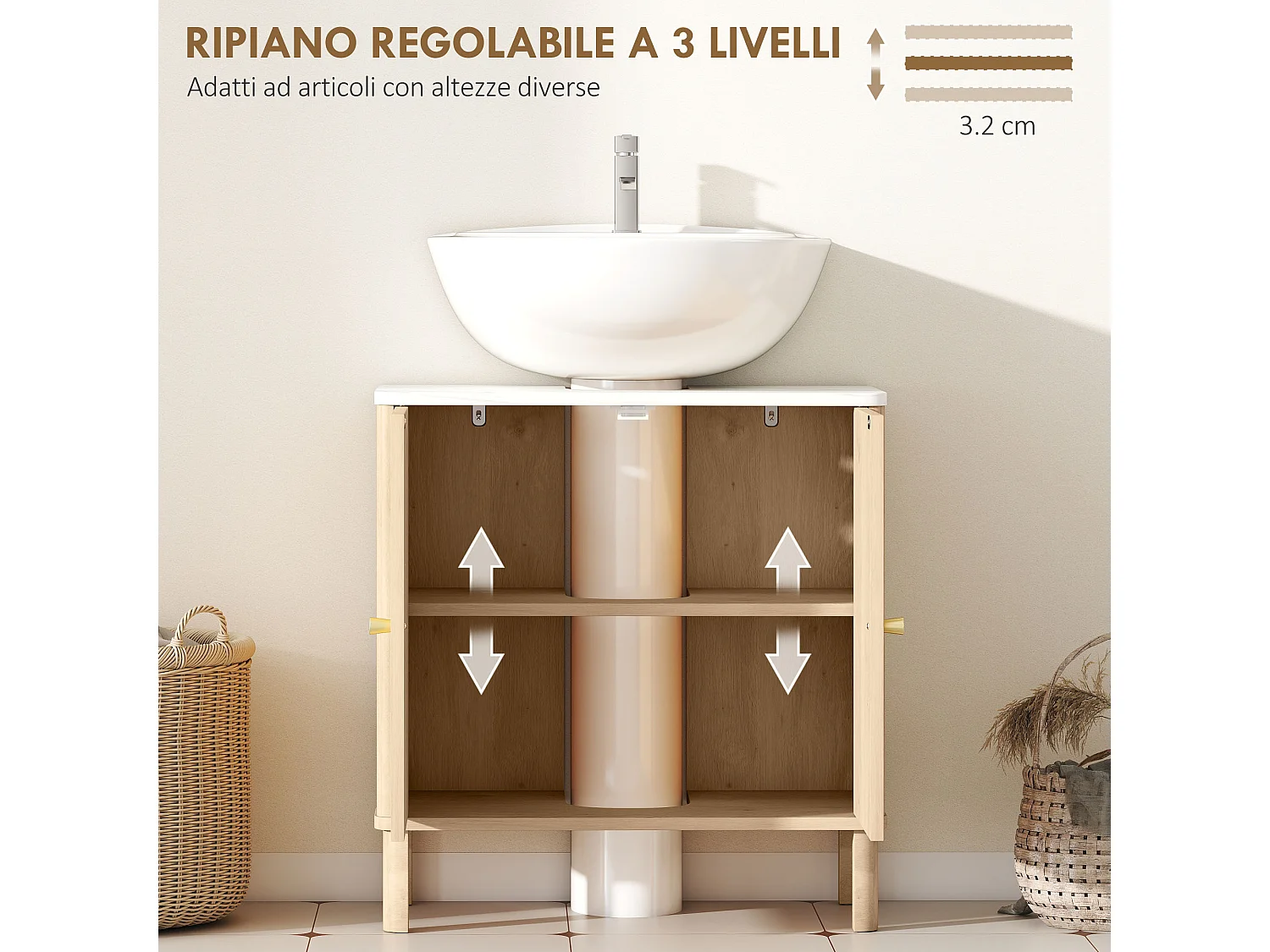 Mobile sottolavabo con 2 ante moderne e piano effetto marmo e rovere