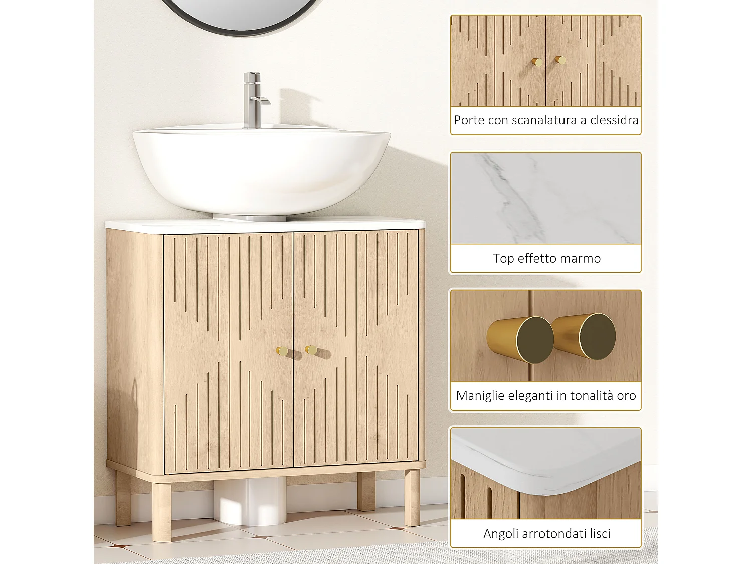 Mobile sottolavabo con 2 ante moderne e piano effetto marmo e rovere