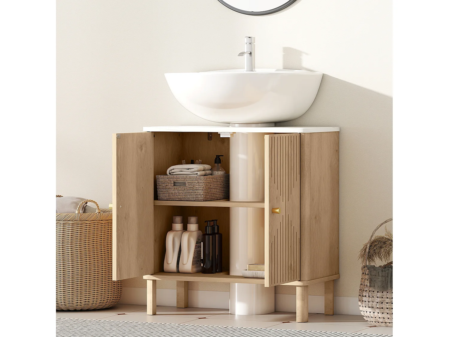 Mobile sottolavabo con 2 ante moderne e piano effetto marmo e rovere