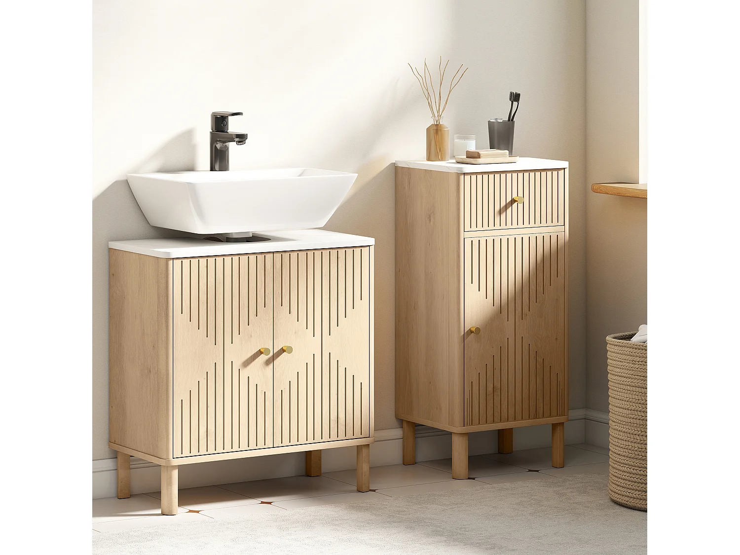 Mobile sottolavabo con 2 ante moderne e piano effetto marmo e rovere