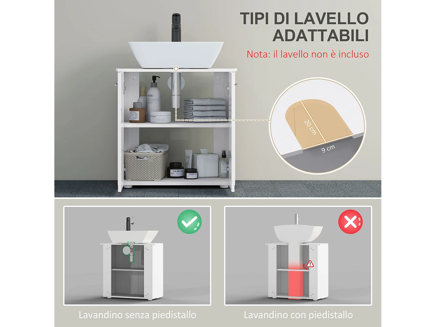 Mobile sottolavabo bagno 2 ante in legno mensola regolabile