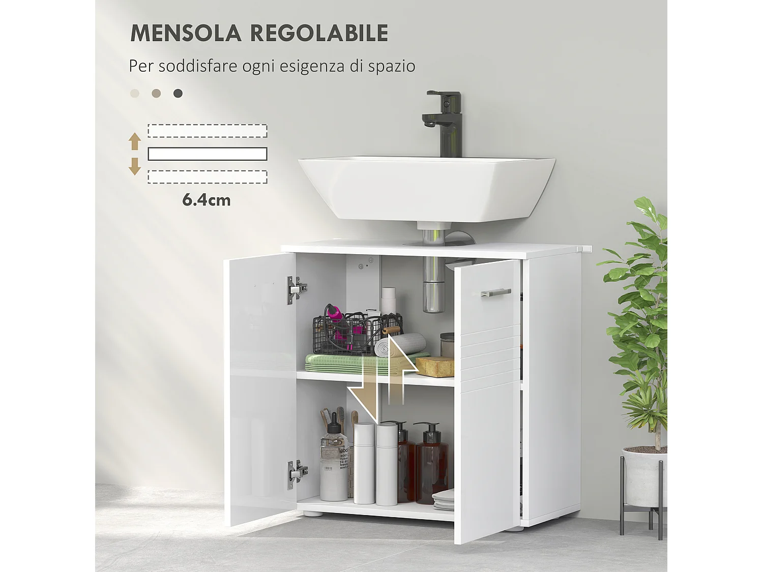 Mobile sottolavabo bagno 2 ante in legno mensola regolabile