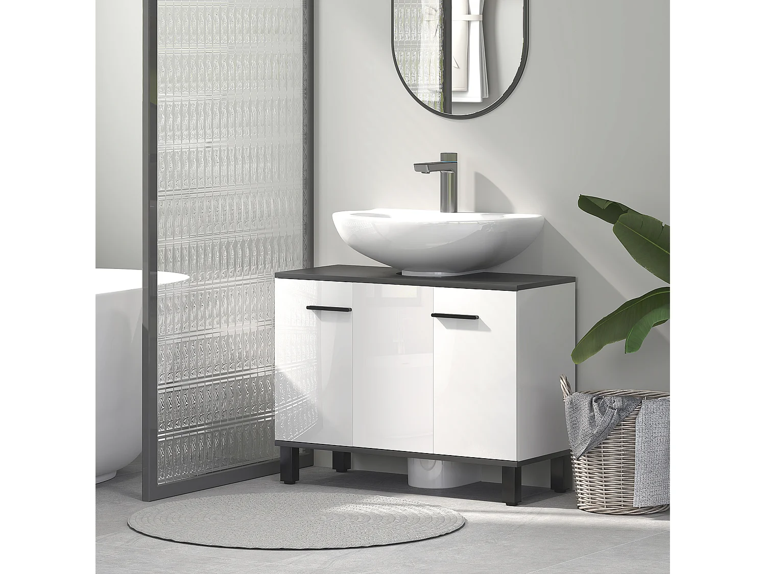 Mobile sottolavabo bagno con 2 ante e ripiano regolabile bianco lucido