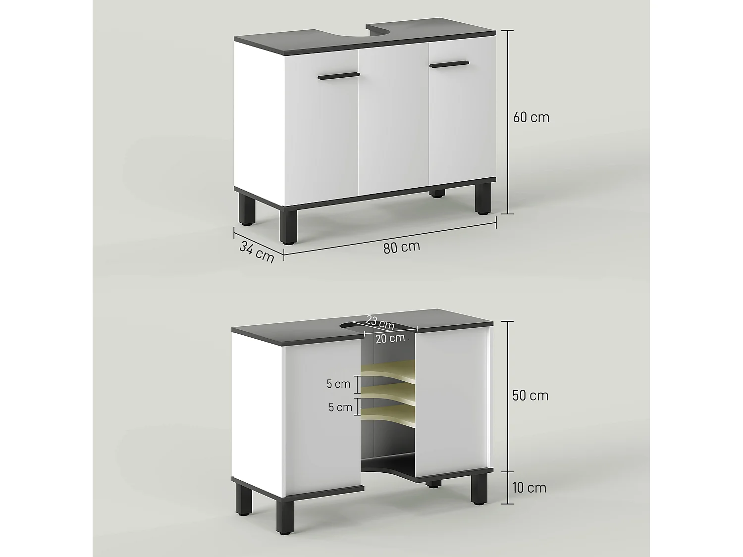Mobile sottolavabo bagno con 2 ante e ripiano regolabile bianco lucido