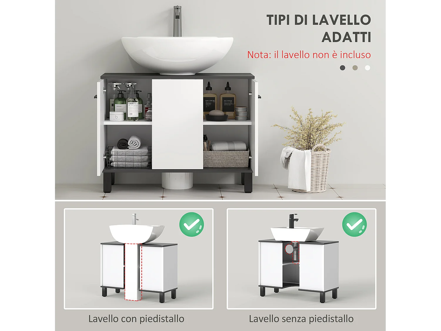 Mobile sottolavabo bagno con 2 ante e ripiano regolabile bianco lucido