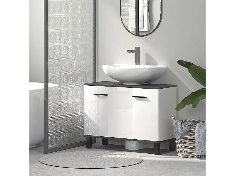 Mobile sottolavabo bagno con 2 ante e ripiano regolabile bianco lucido