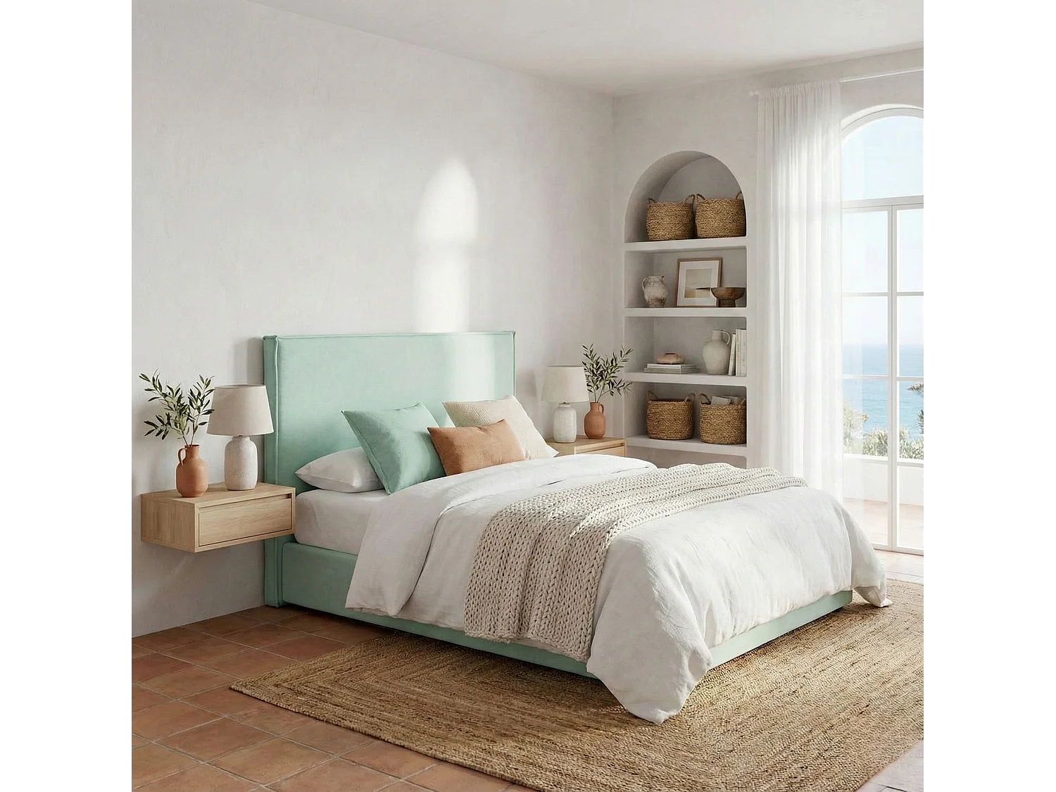 Cabecero Mox de madera tapizado Aguamarina Tela Antimanchas . Para cama de 180 cm - 190x125 cm