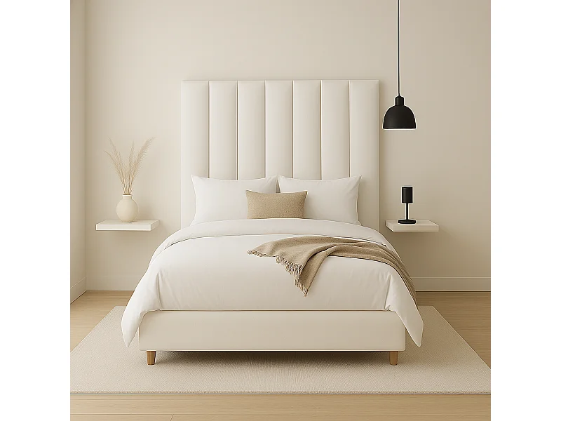 Cabecero tapizado nórdico líneas verticales tela antimanchas blanco para cama 135 cm - 145x125 cm